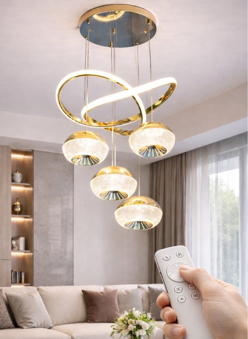 الثريات ثريا سقف LED فاخرة ذهبية 50 سم – 4 كرات مع حلقات متقاطعة بتصميم عصري حديث، نجفة عصرية مع ريموت كنترول للصالة وغرفة الطعام