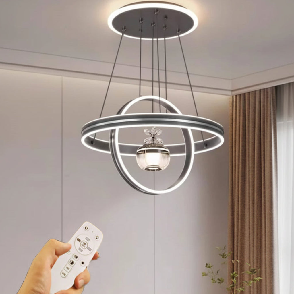Modern Silver LED Chandelier with Rings & Remote | ثريا LED فضية مودرن بحلقات دائرية مع ريموت