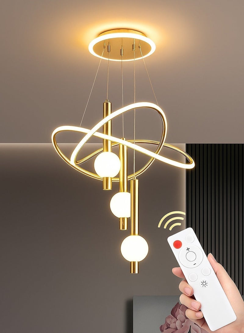 الثريات ثريا LED ذهبية فاخرة 60 سم – 3 كرات مضيئة بحلقات متقاطعة مع ريموت كنترول – تصميم عصري راقٍ لغرفة المعيشة والطعام