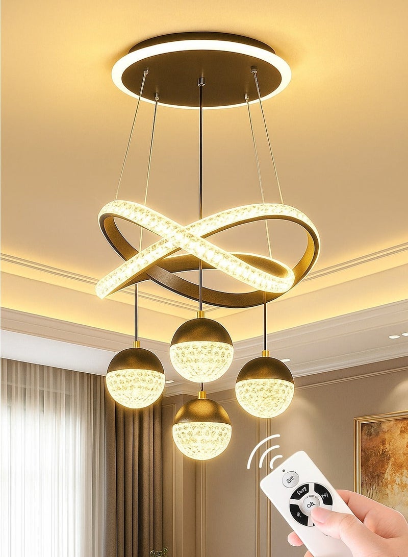 الثريات ثريا LED مودرن فاخرة للسقف – 3 ألوان إضاءة مع ريموت كنترول – نجفة سوداء بتصميم حلقات متقاطعة مع كرات – إضاءة داخلية لغرفة المعيشة