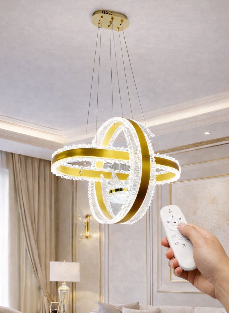 الثريات ثريا سقف LED مودرن ذهبية 50 سم بتصميم حلقات هندسية متداخلة مع ريموت كنترول – نجفة عصرية فاخرة لغرفة المعيشة والصالة والمجلس