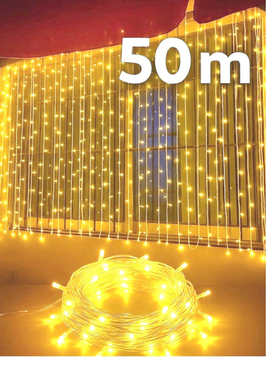 الثريات سلسلة إضاءة LED بطول 50 متر – 480 لمبة ضوء دافئ – مقاومة للماء – زينة رمضان والحدائق والبلكونات والحفلات – مرنة وسهلة التشكيل للديكور الداخلي والخارجي