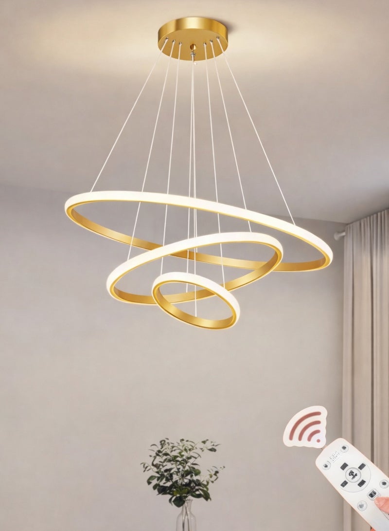 الثريات ثريا LED مودرن 60 سم – 3 ألوان إضاءة مع ريموت كنترول – تصميم حلقات دائرية فاخرة – إنارة سقف ذهبية للصالون وغرفة المعيشة