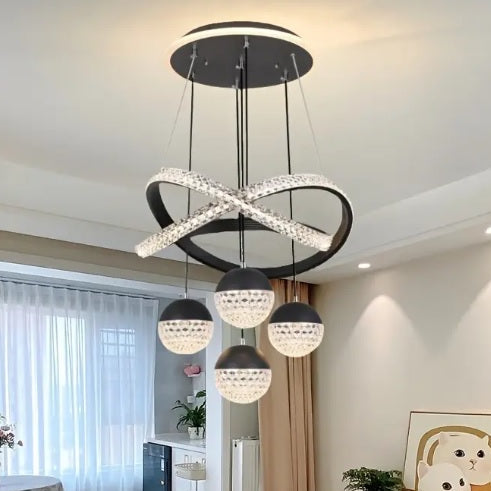 Modern and luxurios chandelier, LED chandelier with 3 lighting colors, black pendant lamp with 4 balls LED cross-shaped rings, indoor lighting with remote control. (Black color)