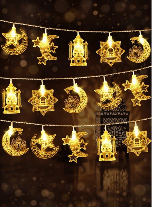 الثريات إضاءة زينة رمضان LED بتصميم الهلال والفانوس والمسجد – إضاءة رمضانية ذهبية دافئة لتزيين المنزل والمجلس وحفلات الإفطار – زينة رمضان وتعليق ديكور العيد