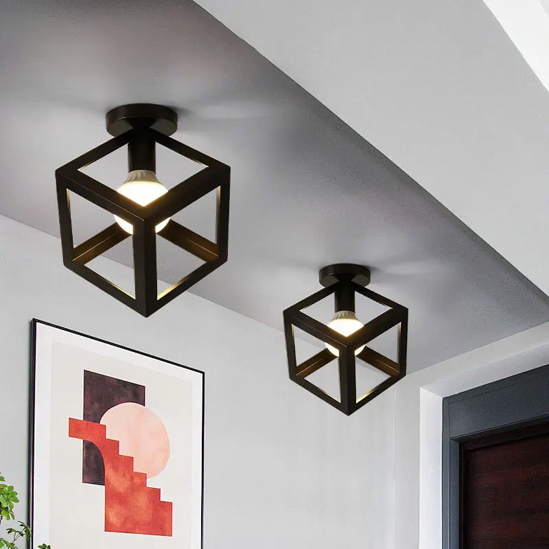 Vintage Black Metal Ceiling Light – E27 Cage Chandelier