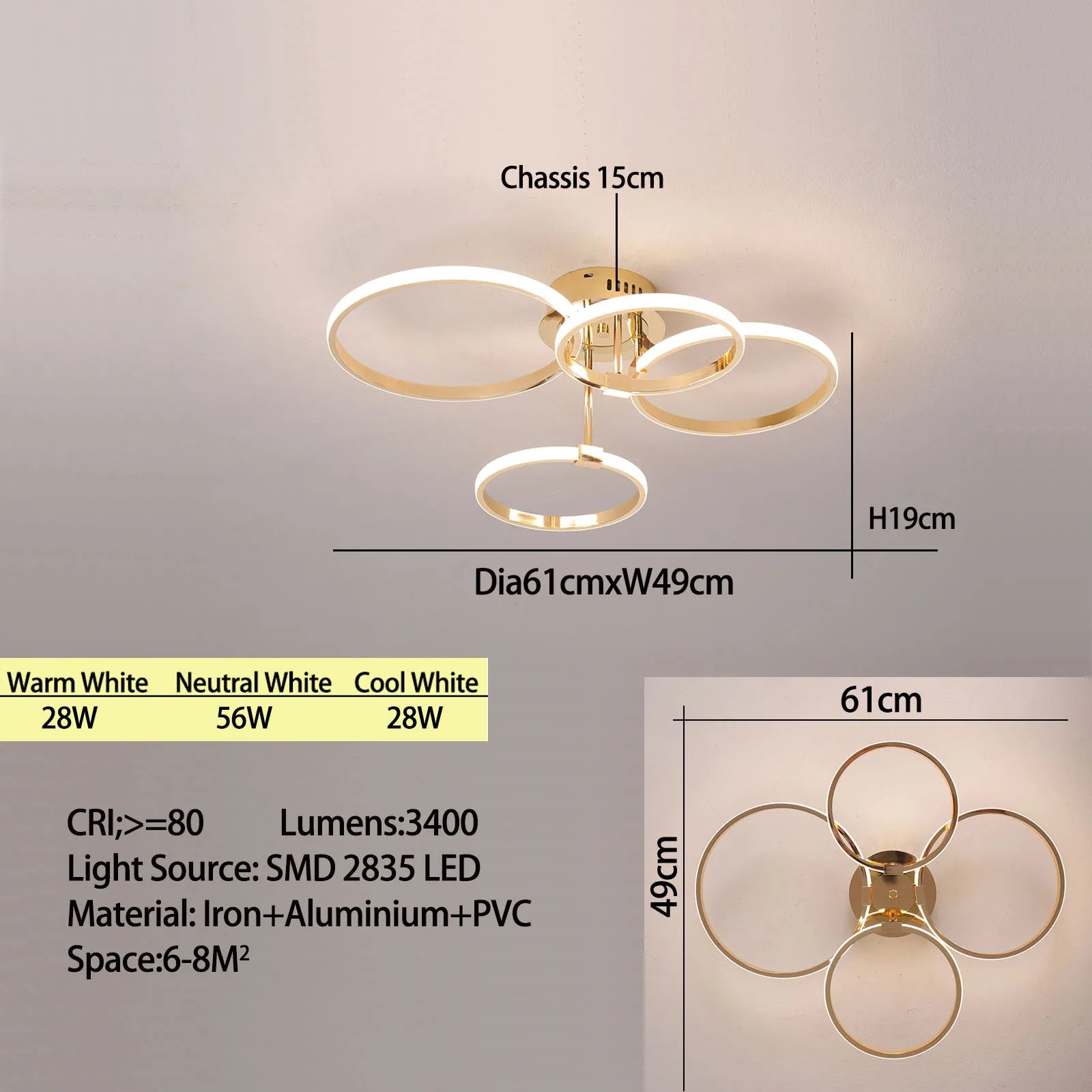 Modern LED Chandelier – Gold/Chrome 4–6 Ring Dimmable Ceiling Light