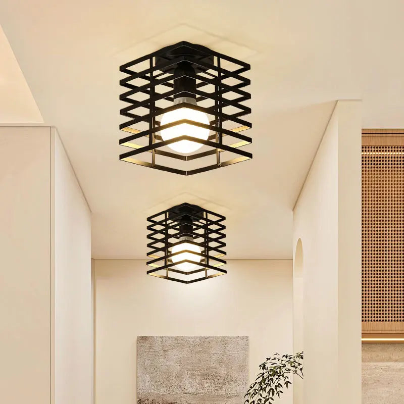 Vintage Black Metal Ceiling Light – E27 Cage Chandelier