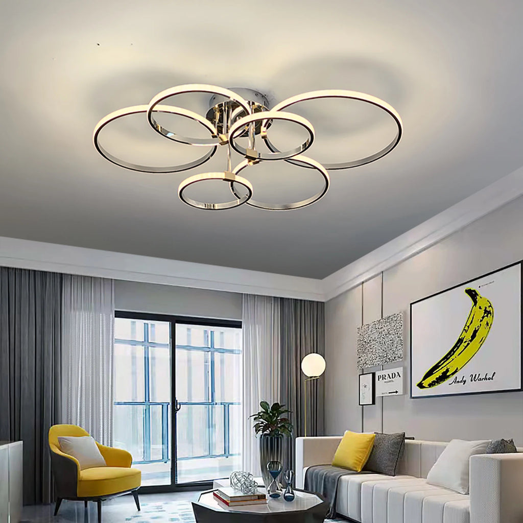 Modern LED Chandelier – Gold/Chrome 4–6 Ring Dimmable Ceiling Light