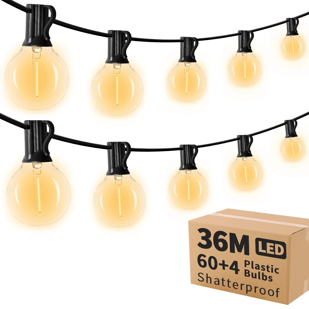 G40 LED Outdoor String Lights – 36M with 64 Shatterproof Bulbs