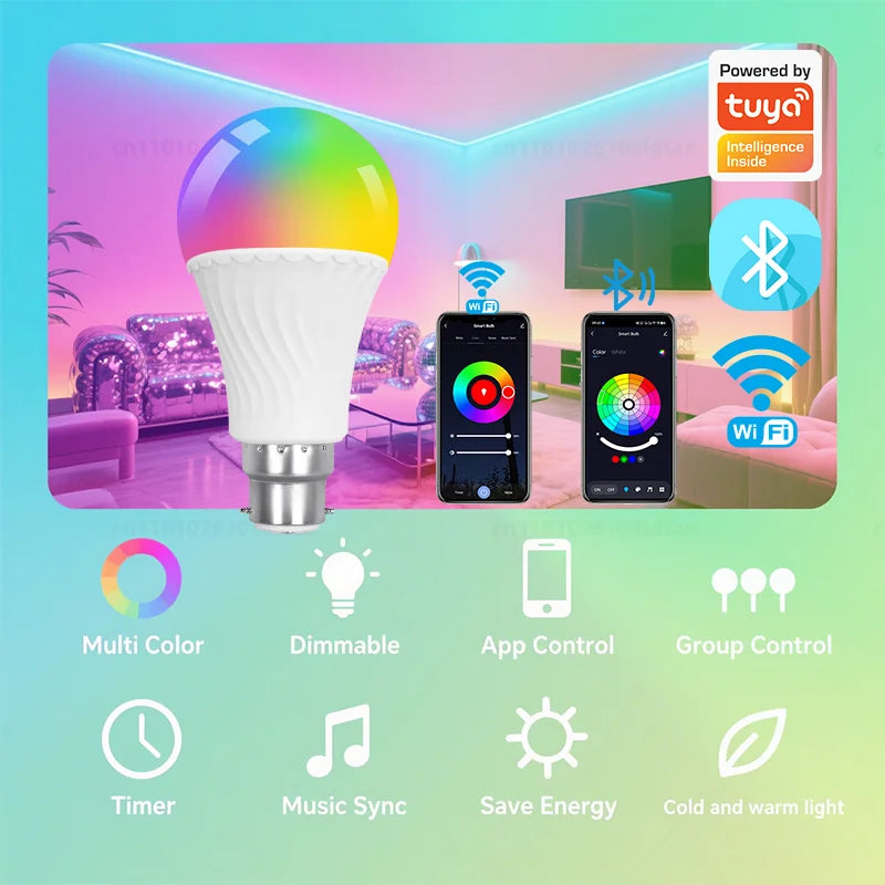 Smart WiFi/Bluetooth LED Bulb – B22 RGB 9W for Alexa & Google Home
