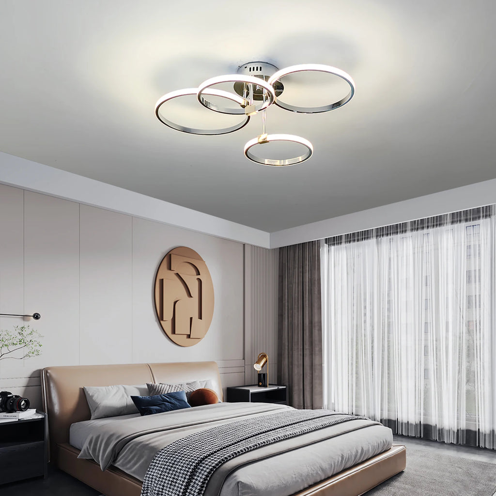 Modern LED Chandelier – Gold/Chrome 4–6 Ring Dimmable Ceiling Light