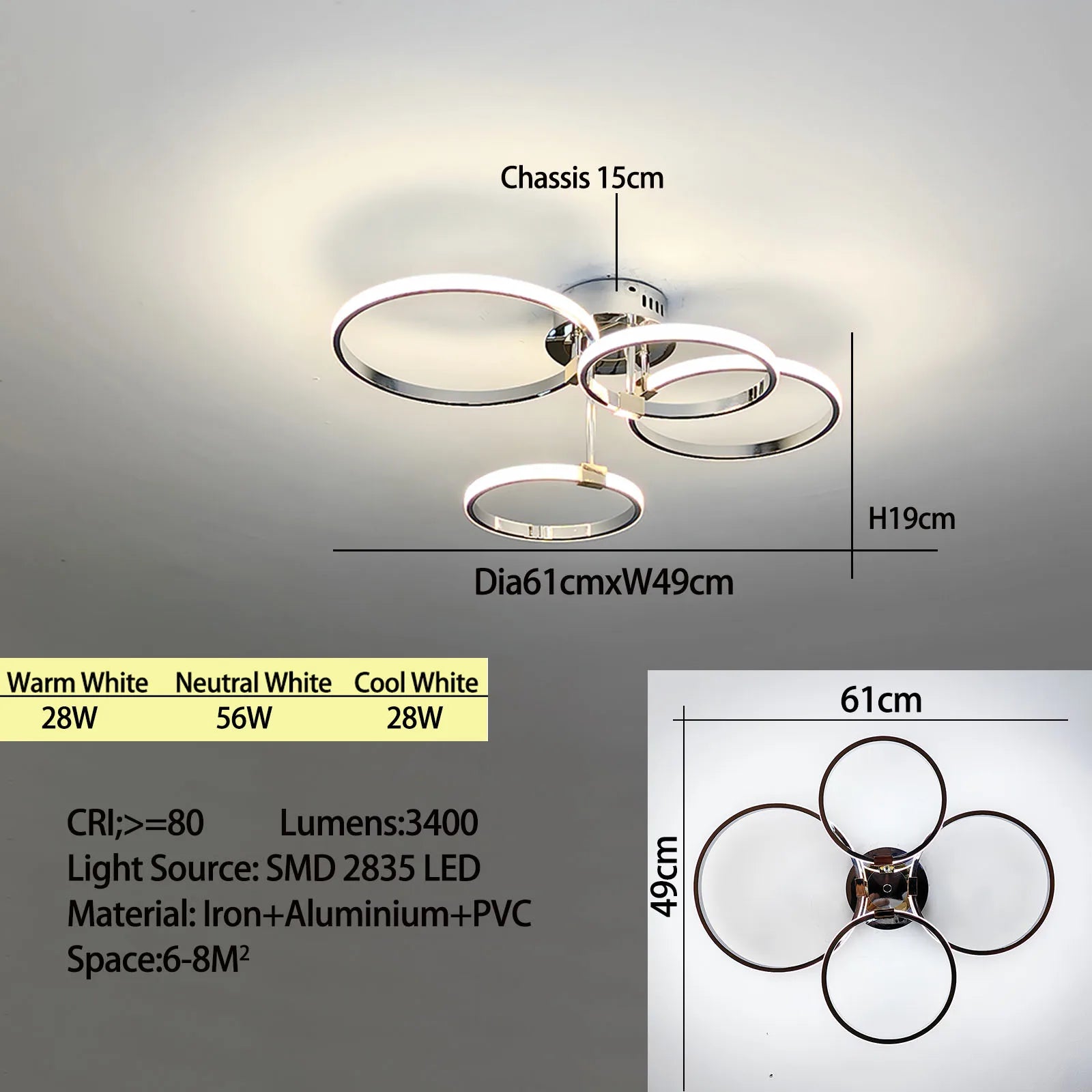 Modern LED Chandelier – Gold/Chrome 4–6 Ring Dimmable Ceiling Light