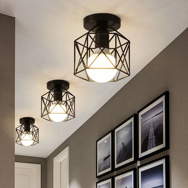 Vintage Black Metal Ceiling Light – E27 Cage Chandelier