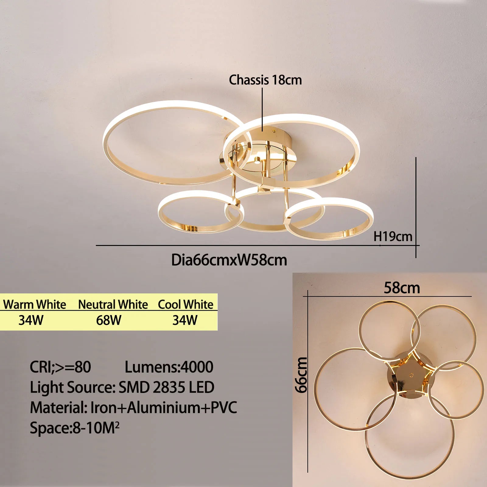Modern LED Chandelier – Gold/Chrome 4–6 Ring Dimmable Ceiling Light