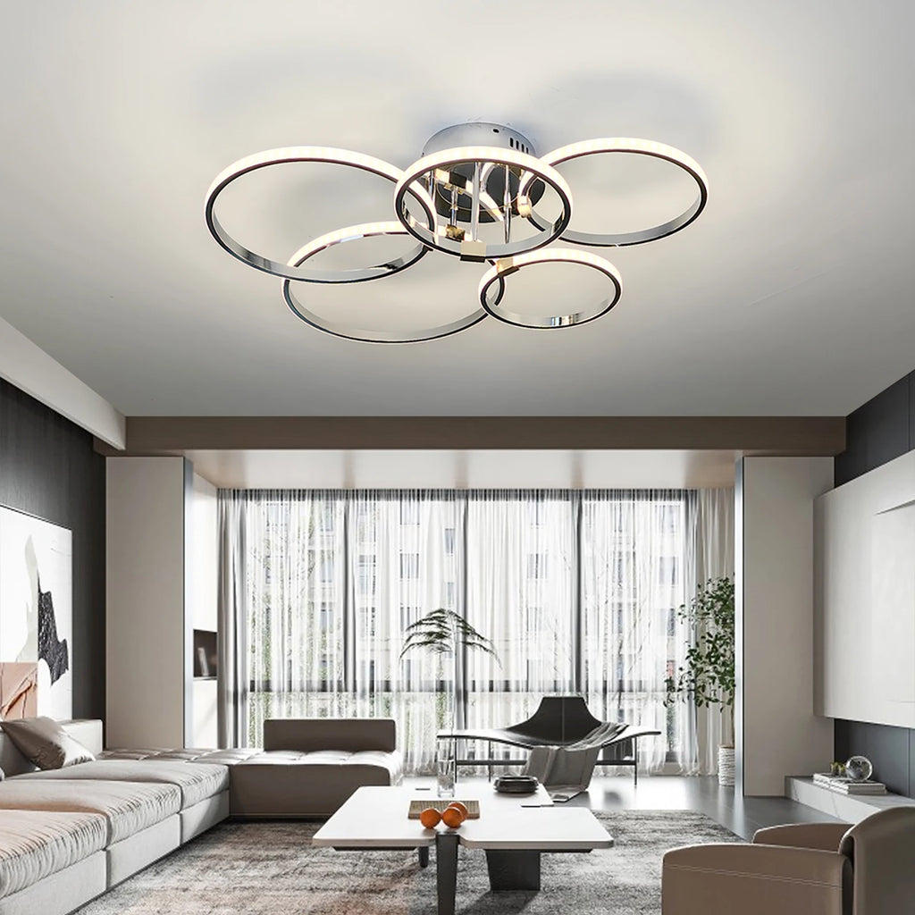 Modern LED Chandelier – Gold/Chrome 4–6 Ring Dimmable Ceiling Light
