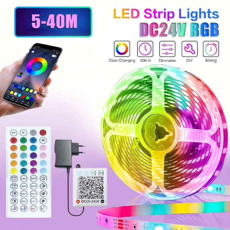EU Plug RGB LED Strip Light – 24V APP-Controlled Flexible Tape (10m–40m)