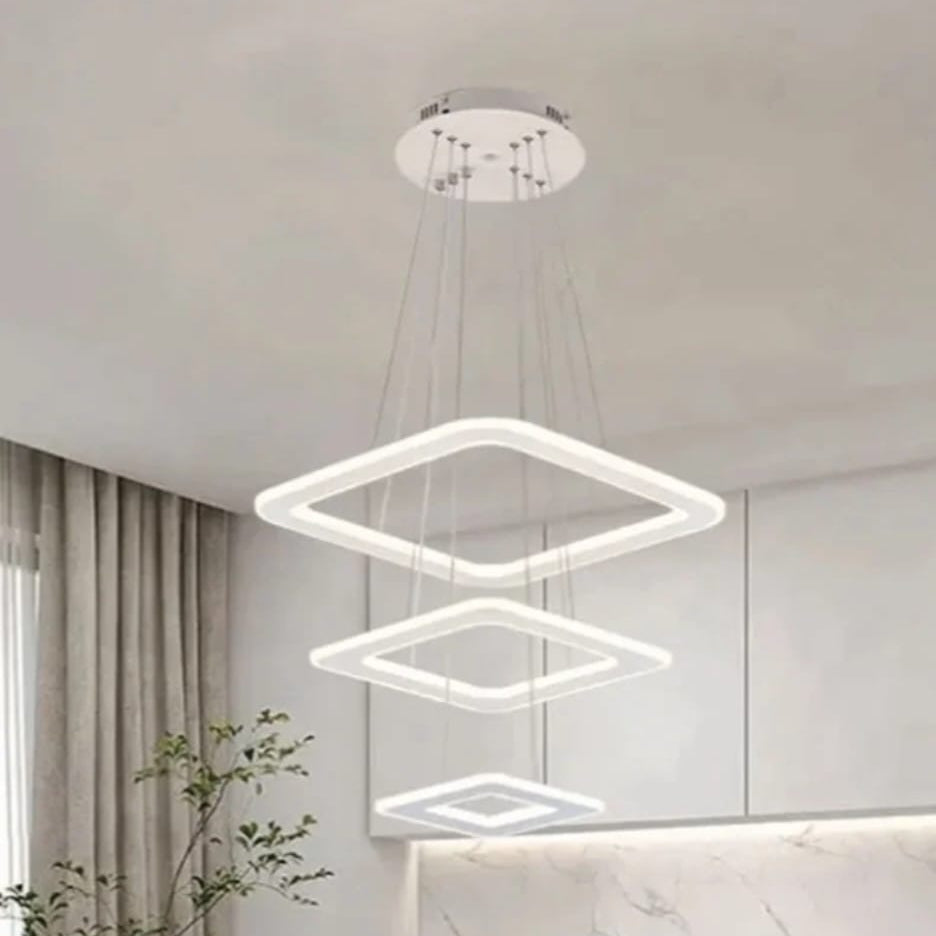 Modern geometric design chandelier consisting of square LED rings suspended by thin wires, 3 gradient lighting colors, Chandelier LED  that is compatible with interior spaces, ideal for the living room and dining room