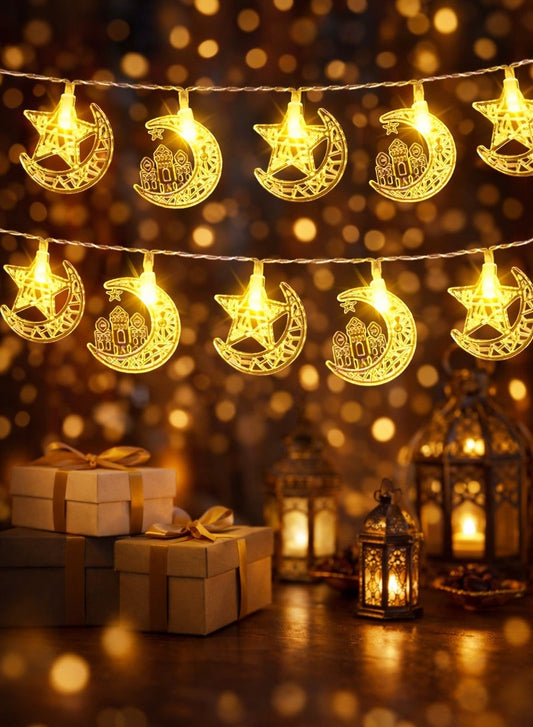 الثريات إضاءة زينة رمضان LED بشكل هلال ونجمة ومسجد – ديكور رمضان مضيء للمنزل والنوافذ والجدران – زينة رمضان وعيد الفطر بإضاءة دافئة