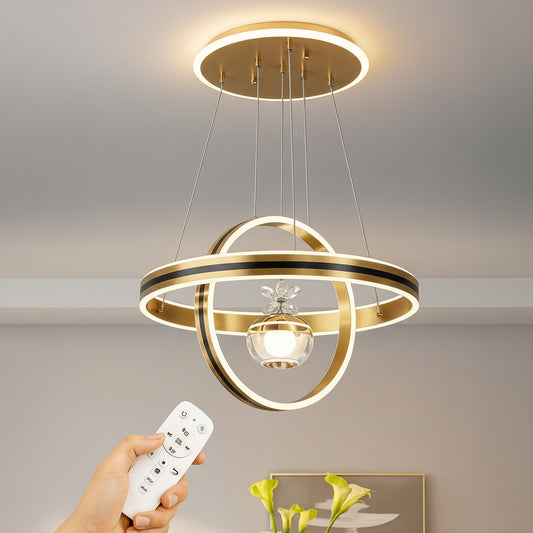 Modern Gold LED Chandelier with Rings & Remote | ثريا LED ذهبية مودرن بحلقات دائرية مع ريموت
