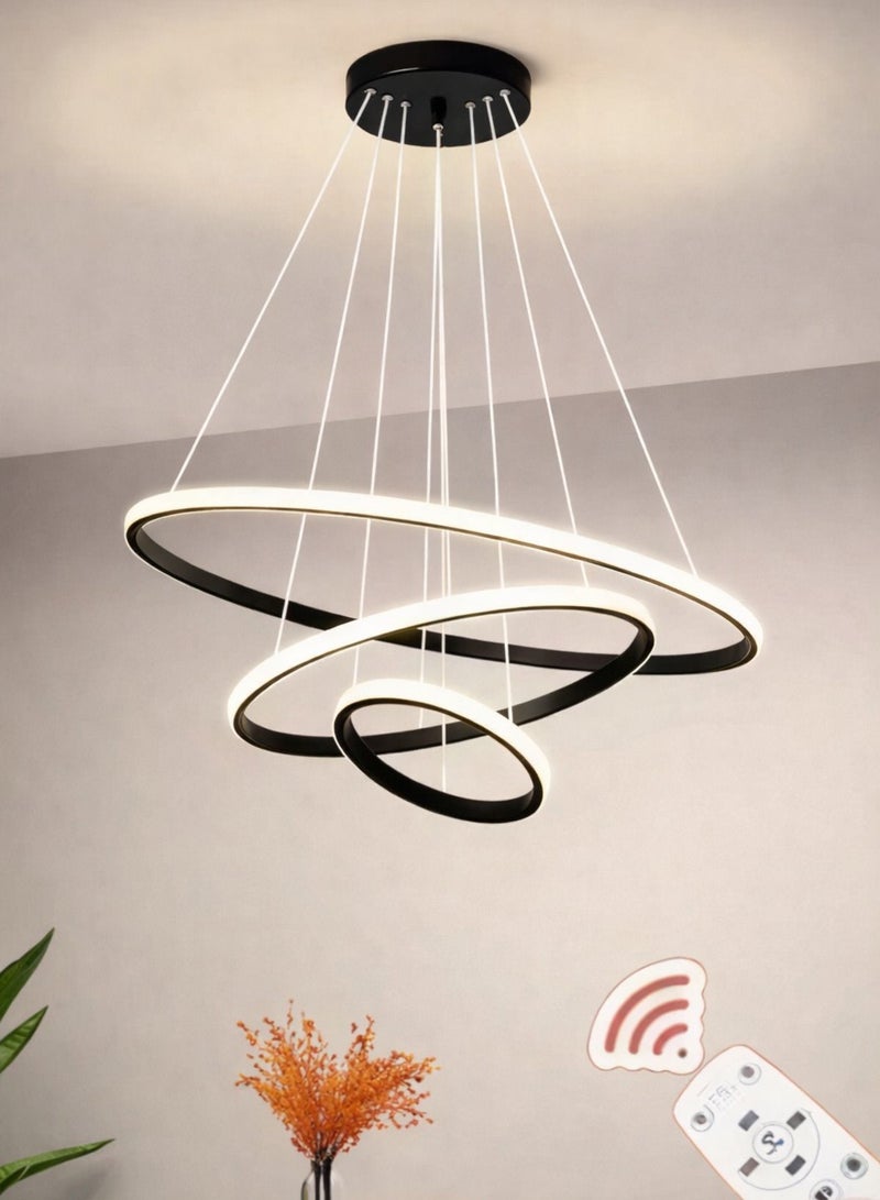الثريات ثريا LED مودرن 60 سم – 3 ألوان إضاءة مع ريموت كنترول – تصميم حلقات دائرية أنيق – إنارة سقف سوداء للصالون وغرفة المعيشة