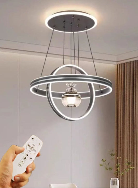 الثريات ثريا سوداء LED مودرن 50 سم بتصميم حلقات عصرية – إضاءة 3 ألوان مع ريموت – نجفة سقف لغرفة المعيشة والطعام