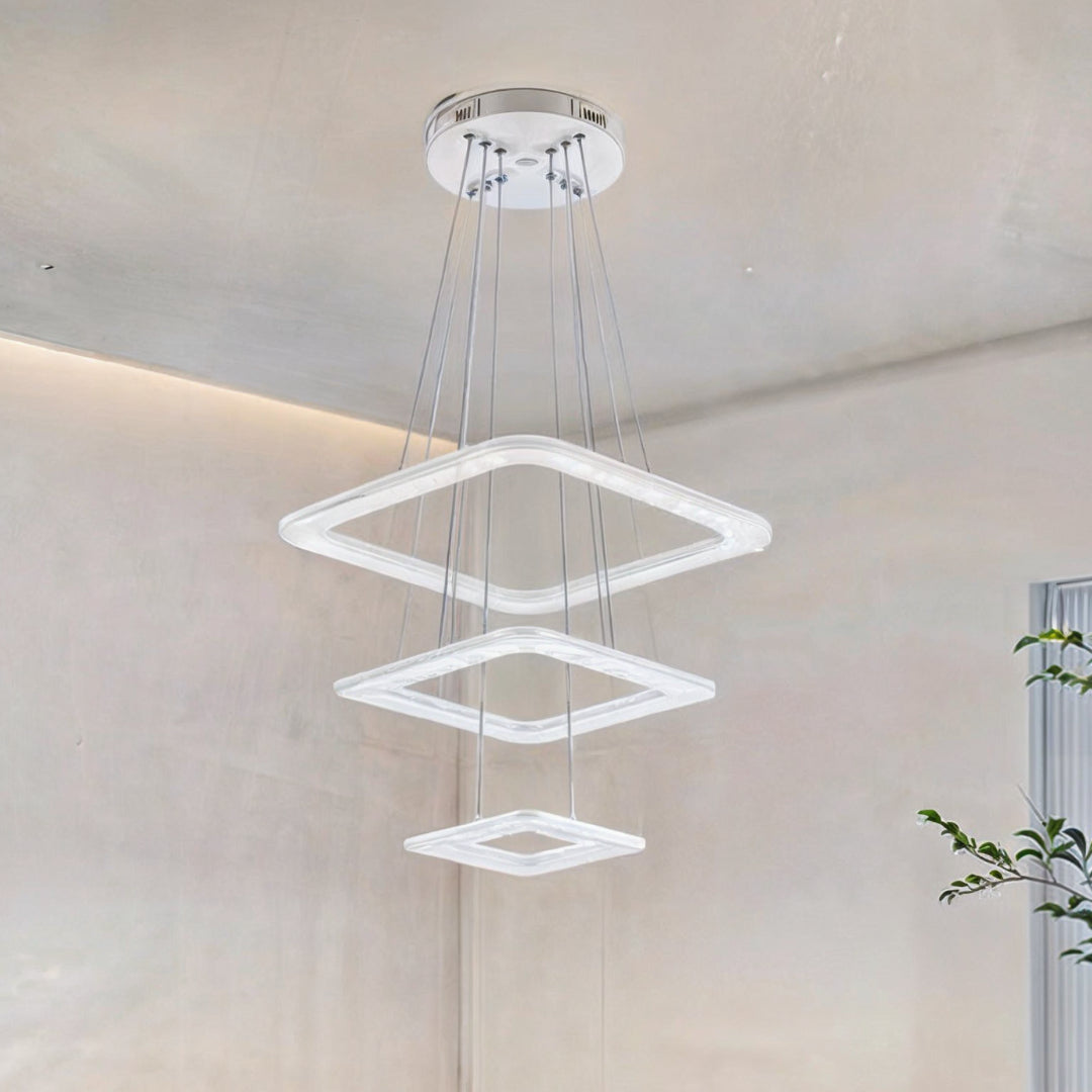 Modern geometric design chandelier consisting of square LED rings suspended by thin wires, 3 gradient lighting colors, Chandelier LED  that is compatible with interior spaces, ideal for the living room and dining room