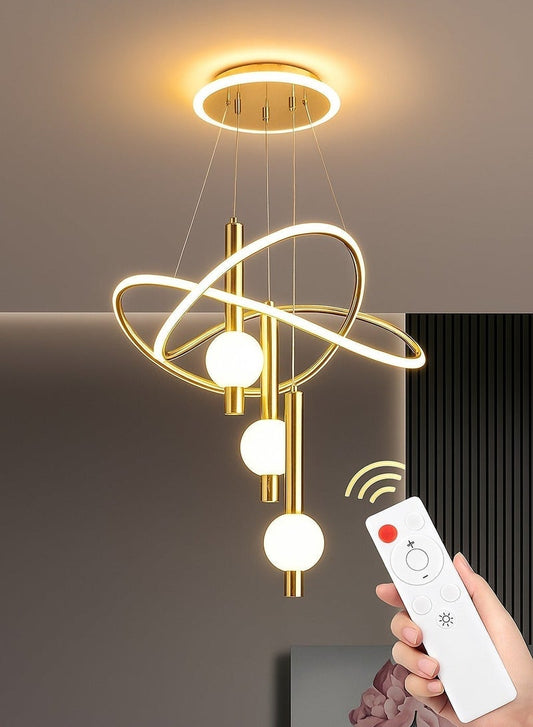 الثريات ثريا LED ذهبية فاخرة 60 سم – 3 كرات مضيئة بحلقات متقاطعة مع ريموت كنترول – تصميم عصري راقٍ لغرفة المعيشة والطعام