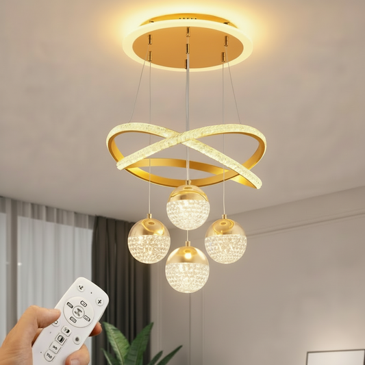 Gold LED Chandelier with Remote | ثريا LED ذهبية بحلقات متقاطعة مع ريموت